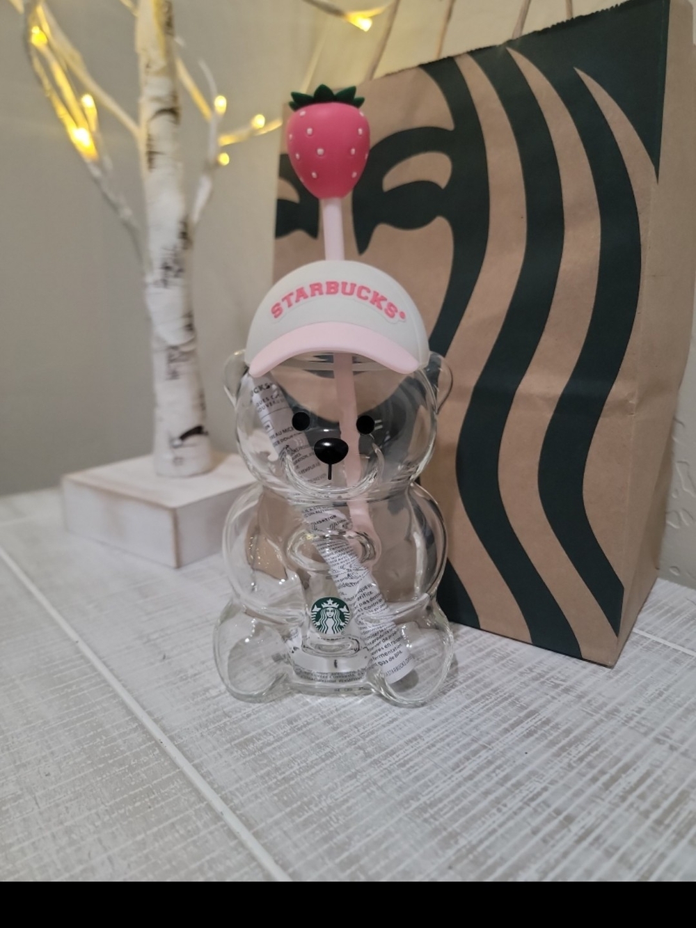 Starbucks PINK Bearista Glass Bear Cup with Strawberry Topper NWT